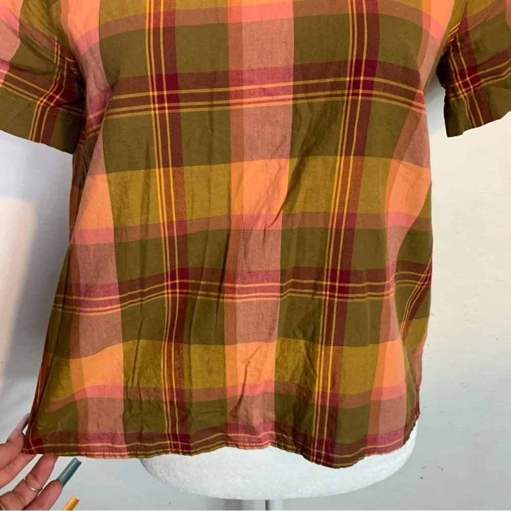 Madewell Size XXS Plaid Blouse Top Button Down Back Orange Red Short Sleeve - Picture 4 of 7